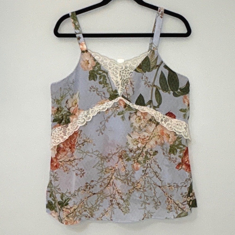 Chenault Floral Lace Trim Camisole Top Blue Petite XL PXL Sleeveless Blouse